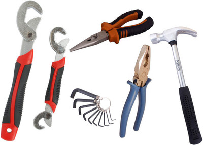 

Asraw Snap N Grip, Plier, Nose Plier, 1/2LB Hammer & Allen key Hand Tool Kit(5 Tools), Multicolor