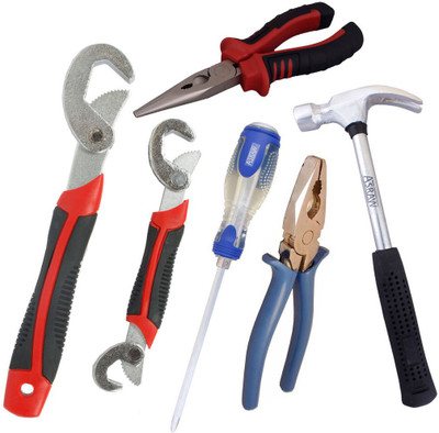 

Asraw Snap N Grip, Plier, Nose Plier, 1/2LB Hammer & Double Sided Screwdriver Hand Tool Kit(5 Tools), Multicolor