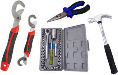 

Asraw Snap N Grip, Nose Plier, 1/2LB Hammer & Socket Set Hand Tool Kit(4 Tools), Multicolor