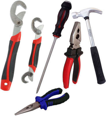 

Asraw Snap N Grip, Plier, Nose Plier, 1/2LB Hammer & Double Sided Screwdriver Hand Tool Kit(5 Tools), Multicolor