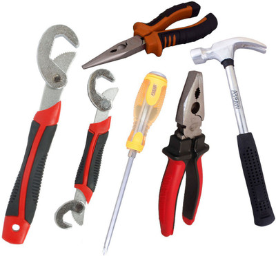 

Asraw Snap N Grip, Plier, Nose Plier, 1/2LB Hammer & Double Sided Screwdriver Hand Tool Kit(5 Tools), Multicolor