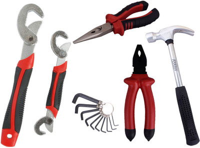 

Asraw Snap N Grip, Plier, Nose Plier, 1/2LB Hammer & Allen key Hand Tool Kit(5 Tools), Multicolor