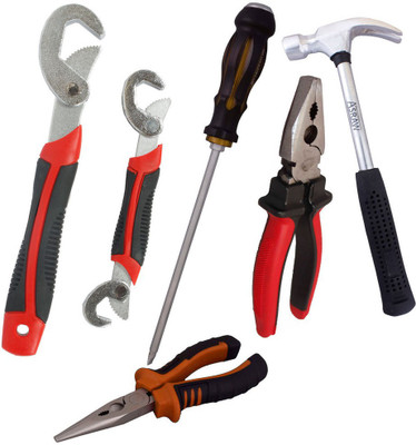 

Asraw Snap N Grip, Plier, Nose Plier, 1/2LB Hammer & Double Sided Screwdriver Hand Tool Kit(5 Tools), Multicolor