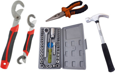 

Asraw Snap N Grip, Nose Plier, 1/2LB Hammer & Socket Set Hand Tool Kit(4 Tools), Multicolor