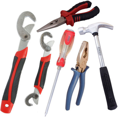 

Asraw Snap N Grip, Plier, Nose Plier, 1/2LB Hammer & Double Sided Screwdriver Hand Tool Kit(5 Tools), Multicolor