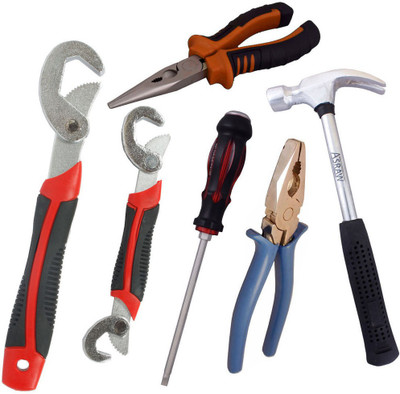 

Asraw Snap N Grip, Plier, Nose Plier, 1/2LB Hammer & Double Sided Screwdriver Hand Tool Kit(5 Tools), Multicolor