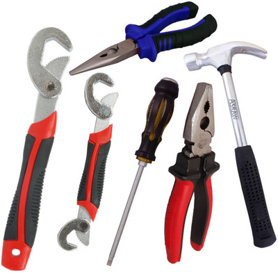 

Asraw Snap N Grip, Plier, Nose Plier, 1/2LB Hammer & Double Sided Screwdriver Hand Tool Kit(5 Tools), Multicolor