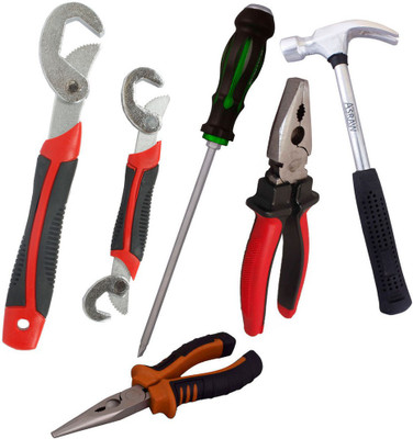 

Asraw Snap N Grip, Plier, Nose Plier, 1/2LB Hammer & Double Sided Screwdriver Hand Tool Kit(5 Tools), Multicolor