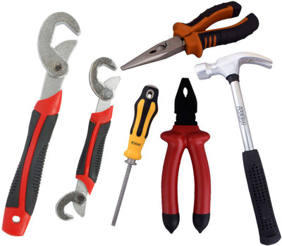 

Asraw Snap N Grip, Plier, Nose Plier, 1/2LB Hammer & Adjustable Screwdriver Hand Tool Kit(5 Tools), Multicolor