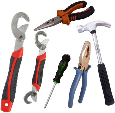 

Asraw Snap N Grip, Plier, Nose Plier, 1/2LB Hammer & Double Sided Screwdriver Hand Tool Kit(5 Tools), Multicolor