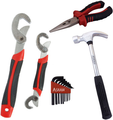 Asraw Snap N Grip, Nose Plier, 1/2LB Hammer & Allen key Hand Tool Kit(4 Tools), Multicolor