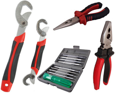 Asraw Snap N Grip, Plier, Nose Plier & 16in1 Screwdriver Set Hand Tool Kit(4 Tools), Multicolor