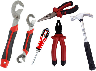 

Asraw Snap N Grip, Plier, Nose Plier, 1/2LB Hammer & Adjustable Screwdriver Hand Tool Kit(5 Tools), Multicolor