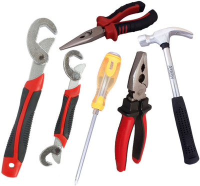 

Asraw Snap N Grip, Plier, Nose Plier, 1/2LB Hammer & Double Sided Screwdriver Hand Tool Kit(5 Tools), Multicolor