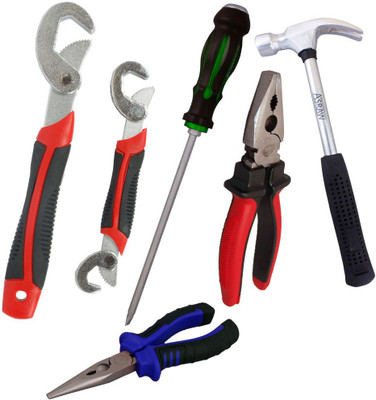 

Asraw Snap N Grip, Plier, Nose Plier, 1/2LB Hammer & Double Sided Screwdriver Hand Tool Kit(5 Tools), Multicolor