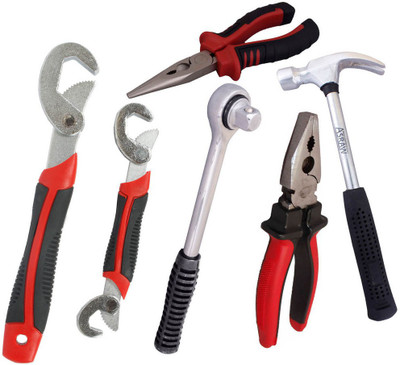 Asraw Snap N Grip, Plier, Nose Plier, 1/2LB Hammer & Ratchet Handle Hand Tool Kit(5 Tools), Multicolor