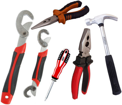 

Asraw Snap N Grip, Plier, Nose Plier, 1/2LB Hammer & Adjustable Screwdriver Hand Tool Kit(5 Tools), Multicolor