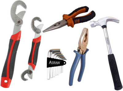 

Asraw Snap N Grip, Plier, Nose Plier, 1/2LB Hammer & Allen key Hand Tool Kit(5 Tools), Multicolor