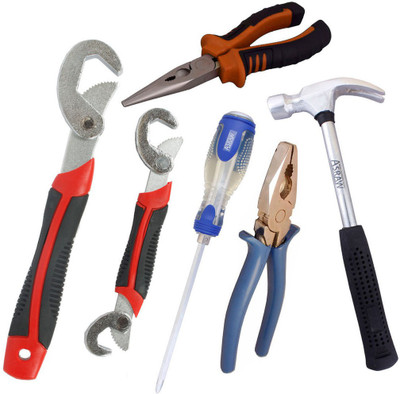 

Asraw Snap N Grip, Plier, Nose Plier, 1/2LB Hammer & Double Sided Screwdriver Hand Tool Kit(5 Tools), Multicolor