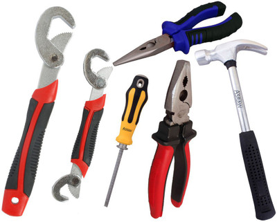 

Asraw Snap N Grip, Plier, Nose Plier, 1/2LB Hammer & Adjustable Screwdriver Hand Tool Kit(5 Tools), Multicolor