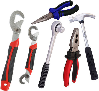 

Asraw Snap N Grip, Plier, Nose Plier, 1/2LB Hammer & Ratchet Handle Hand Tool Kit(5 Tools), Multicolor