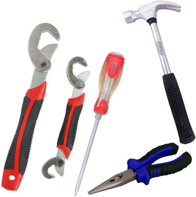 

Asraw Snap N Grip, Nose Plier, 1/2LB Hammer & Double Sided Screwdriver Hand Tool Kit(4 Tools), Multicolor