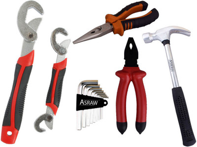 Asraw Snap N Grip, Plier, Nose Plier, 1/2LB Hammer & Allen key Hand Tool Kit(5 Tools), Multicolor
