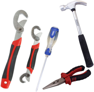 

Asraw Snap N Grip, Nose Plier, 1/2LB Hammer & Double Sided Screwdriver Hand Tool Kit(4 Tools), Multicolor