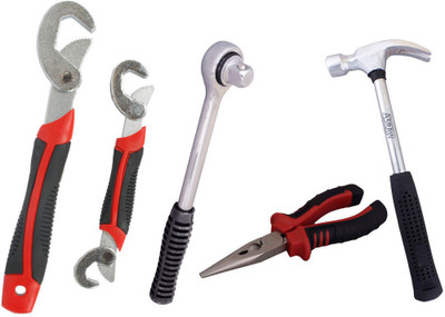 

Asraw Snap N Grip, Nose Plier, 1/2LB Hammer & Ratchet Handle Hand Tool Kit(4 Tools), Multicolor