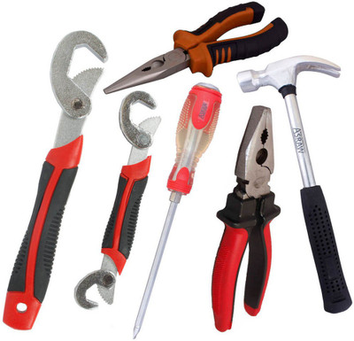 

Asraw Snap N Grip, Plier, Nose Plier, 1/2LB Hammer & Double Sided Screwdriver Hand Tool Kit(5 Tools), Multicolor