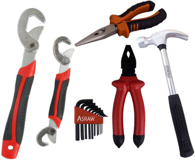 

Asraw Snap N Grip, Plier, Nose Plier, 1/2LB Hammer & Allen key Hand Tool Kit(5 Tools), Multicolor