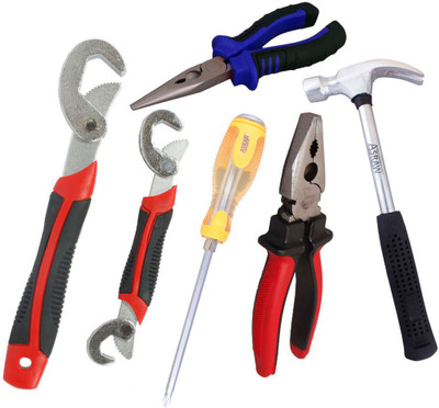 

Asraw Snap N Grip, Plier, Nose Plier, 1/2LB Hammer & Double Sided Screwdriver Hand Tool Kit(5 Tools), Multicolor