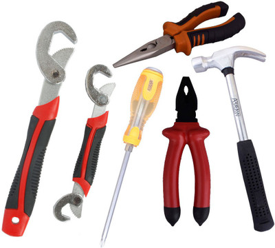 

Asraw Snap N Grip, Plier, Nose Plier, 1/2LB Hammer & Double Sided Screwdriver Hand Tool Kit(5 Tools), Multicolor