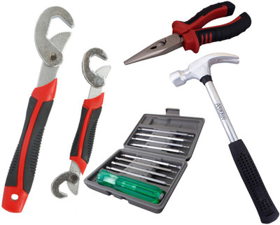 Asraw Snap N Grip, Nose Plier, 1/2LB Hammer & 16in1 Screwdriver Set Hand Tool Kit(4 Tools), Multicolor