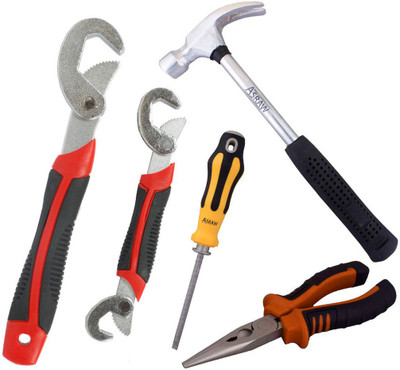 

Asraw Snap N Grip, Nose Plier, 1/2LB Hammer & Adjustable Screwdriver Hand Tool Kit(4 Tools), Multicolor