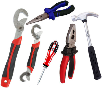 

Asraw Snap N Grip, Plier, Nose Plier, 1/2LB Hammer & Adjustable Screwdriver Hand Tool Kit(5 Tools), Multicolor