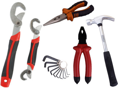 

Asraw Snap N Grip, Plier, Nose Plier, 1/2LB Hammer & Allen key Hand Tool Kit(5 Tools), Multicolor