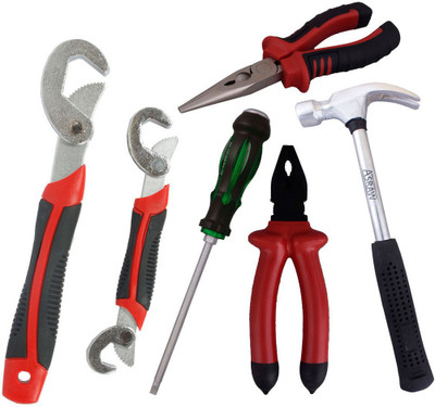 

Asraw Snap N Grip, Plier, Nose Plier, 1/2LB Hammer & Double Sided Screwdriver Hand Tool Kit(5 Tools), Multicolor