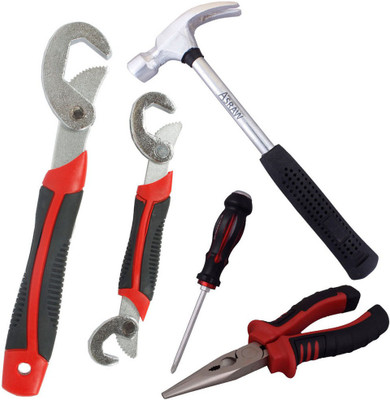 Asraw Snap N Grip, Nose Plier, 1/2LB Hammer & Double Sided Screwdriver Hand Tool Kit(4 Tools), Multicolor