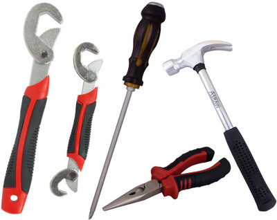 Asraw Snap N Grip, Nose Plier, 1/2LB Hammer & Double Sided Screwdriver Hand Tool Kit(4 Tools), Multicolor