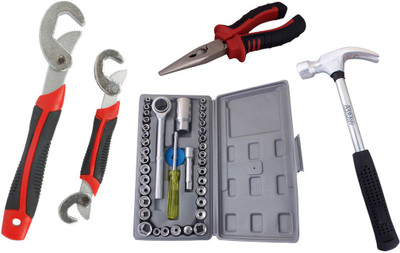 

Asraw Snap N Grip, Nose Plier, 1/2LB Hammer & Socket Set Hand Tool Kit(4 Tools), Multicolor