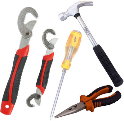 

Asraw Snap N Grip, Nose Plier, 1/2LB Hammer & Double Sided Screwdriver Hand Tool Kit(4 Tools), Multicolor