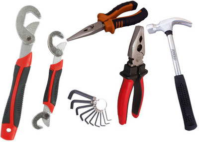 

Asraw Snap N Grip, Plier, Nose Plier, 1/2LB Hammer & Allen key Hand Tool Kit(5 Tools), Multicolor
