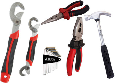 

Asraw Snap N Grip, Plier, Nose Plier, 1/2LB Hammer & Allen key Hand Tool Kit(5 Tools), Multicolor