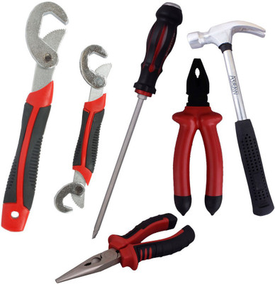

Asraw Snap N Grip, Plier, Nose Plier, 1/2LB Hammer & Double Sided Screwdriver Hand Tool Kit(5 Tools), Multicolor