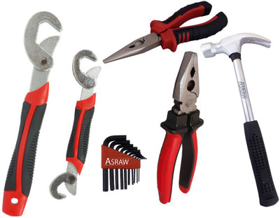 Asraw Snap N Grip, Plier, Nose Plier, 1/2LB Hammer & Allen key Hand Tool Kit(5 Tools), Multicolor
