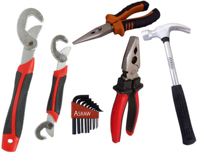 

Asraw Snap N Grip, Plier, Nose Plier, 1/2LB Hammer & Allen key Hand Tool Kit(5 Tools), Multicolor