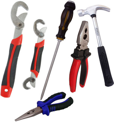 

Asraw Snap N Grip, Plier, Nose Plier, 1/2LB Hammer & Double Sided Screwdriver Hand Tool Kit(5 Tools), Multicolor