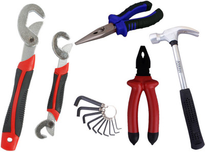 

Asraw Snap N Grip, Plier, Nose Plier, 1/2LB Hammer & Allen key Hand Tool Kit(5 Tools), Multicolor
