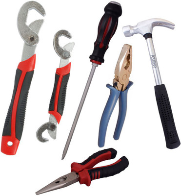 

Asraw Snap N Grip, Plier, Nose Plier, 1/2LB Hammer & Double Sided Screwdriver Hand Tool Kit(5 Tools), Multicolor
